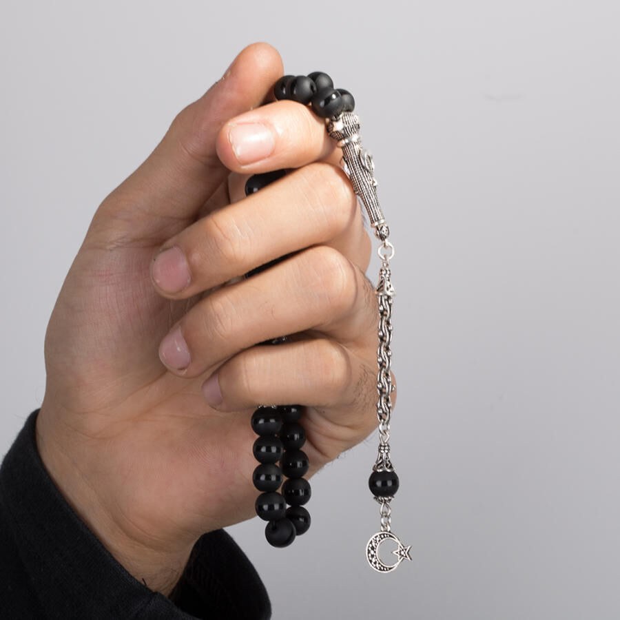 Rosary made of Onyx stone with a tassel decorated bearing the moon star symbol - 2