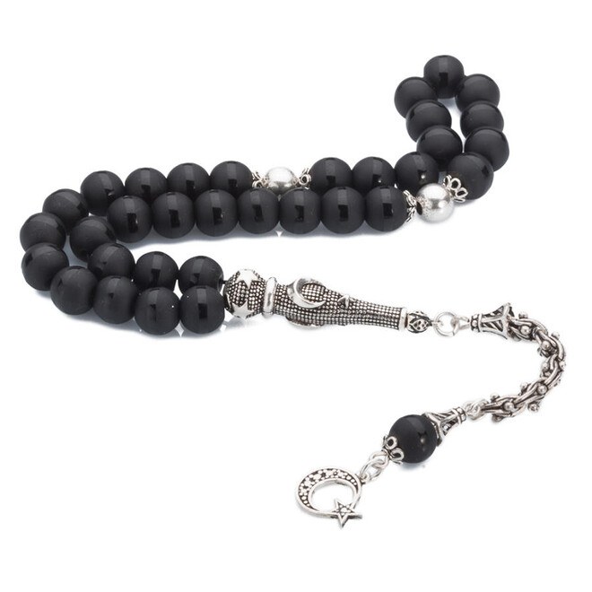 Rosary made of Onyx stone with a tassel decorated bearing the moon star symbol - 3