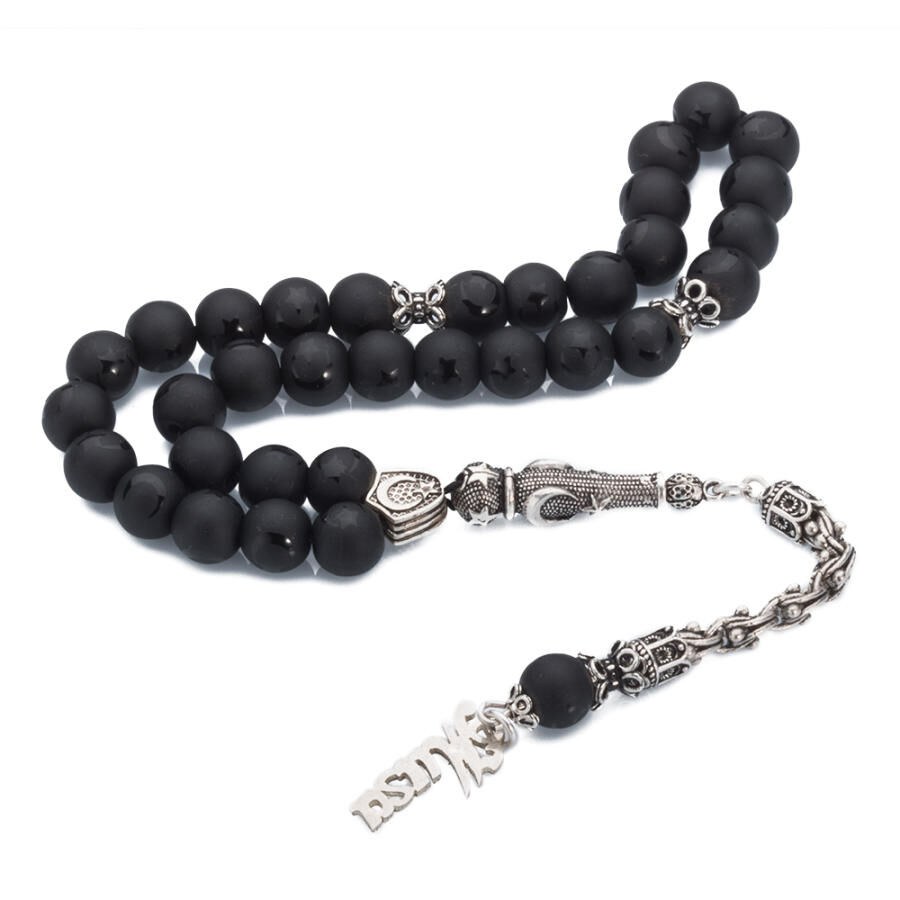 Rosary made of Onyx stone with custom name engraved tassel - 3