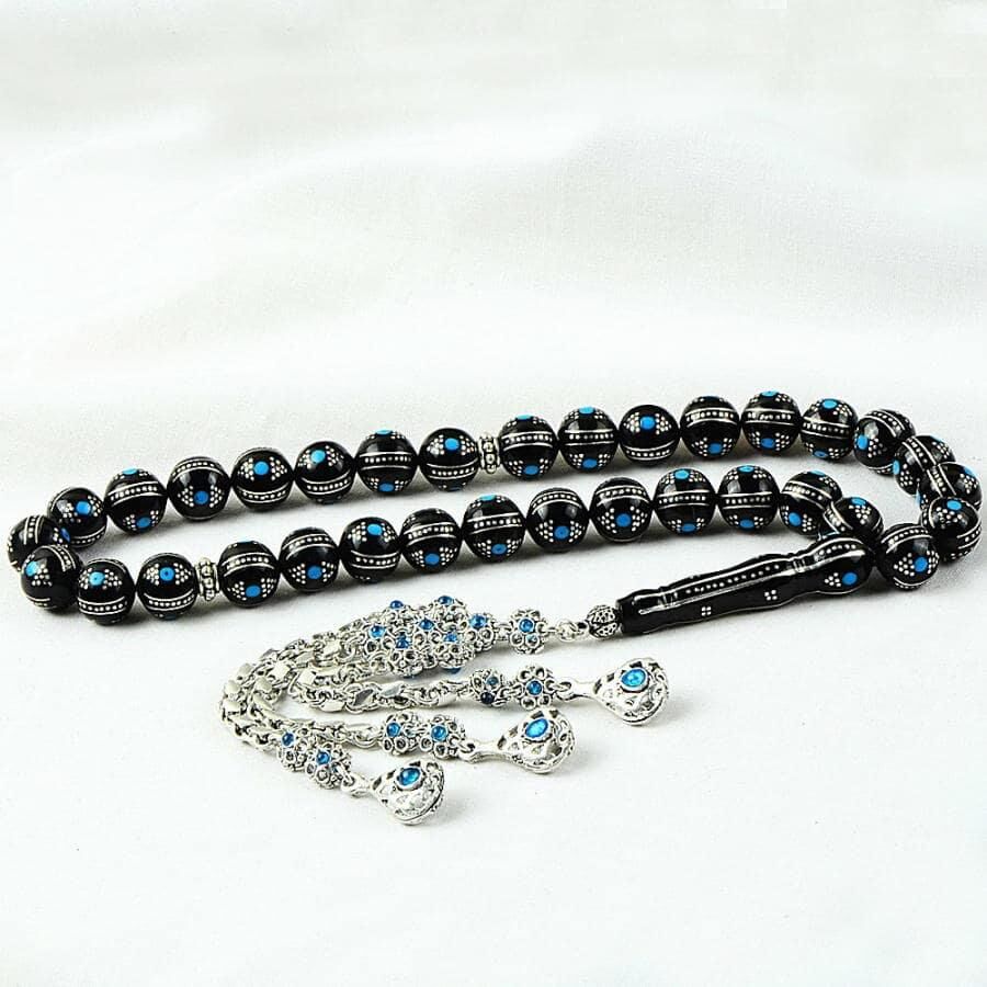 Rosary made of original Erzurum Lignite stone engraved with turquoise - 1