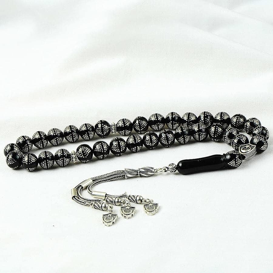 Rosary made of original Lignite Erzurum stone engraved with silver - 1