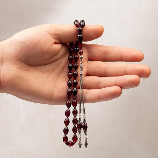 Rosary made of pressed amber in a black-burgundy color - 1