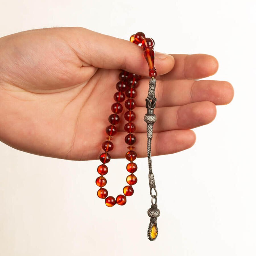 Rosary made of pressed amber rosary with a tassel designed using Qazzazia art - 2