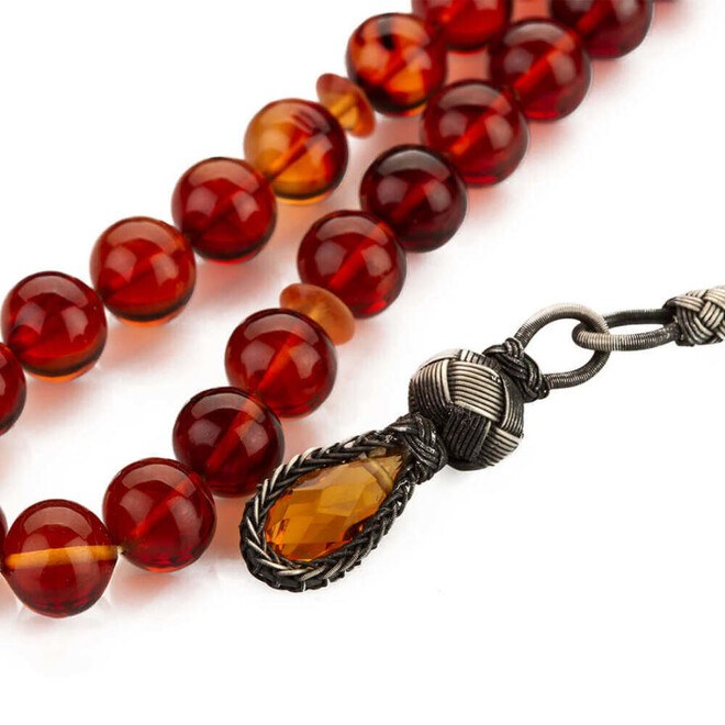 Rosary made of pressed amber rosary with a tassel designed using Qazzazia art - 3