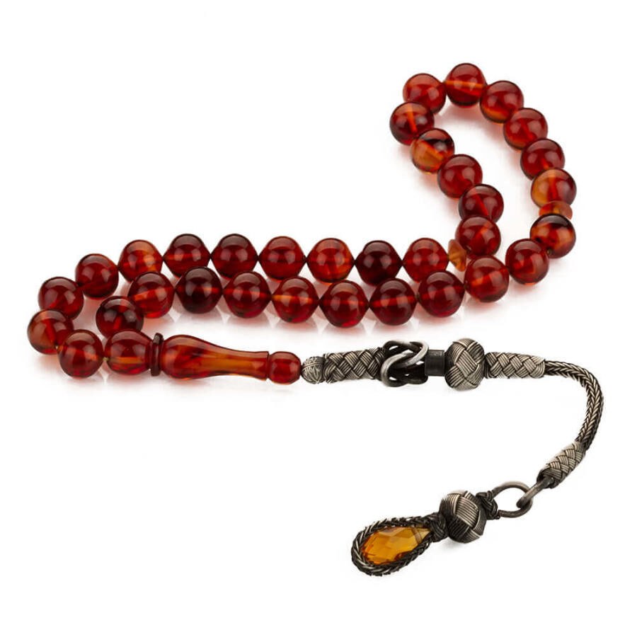 Rosary made of pressed amber rosary with a tassel designed using Qazzazia art - 4