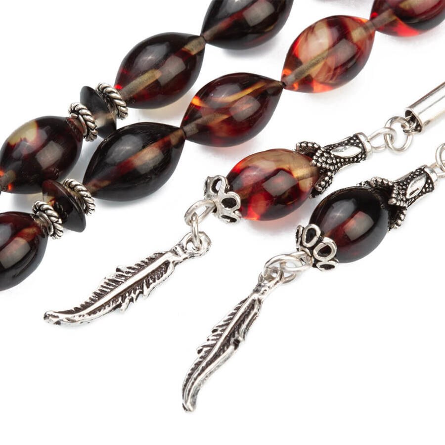 Rosary made of pressed amber with a leaf pattern decorated tassel - 2