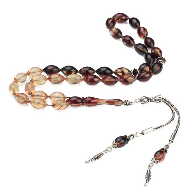 Rosary made of pressed amber with a leaf pattern decorated tassel - 3