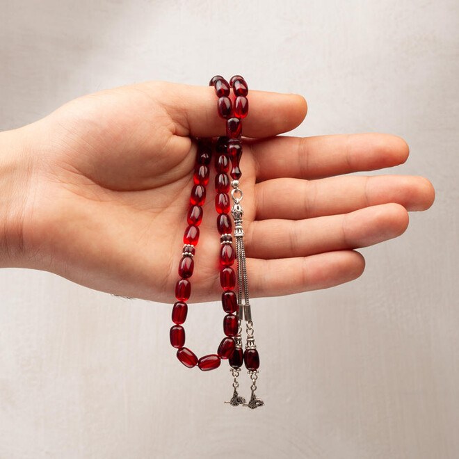 Rosary made of pressed amber with a Ottoman Tughra decorated tassel - 2