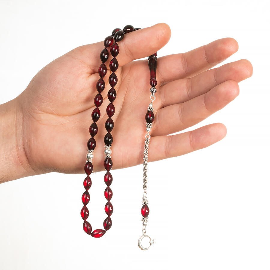 Rosary made of pressed amber with a silver tassel decorated with the moon star symbol - 3