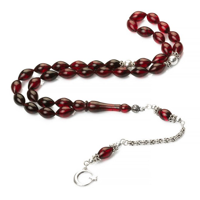 Rosary made of pressed amber with a silver tassel decorated with the moon star symbol - 5