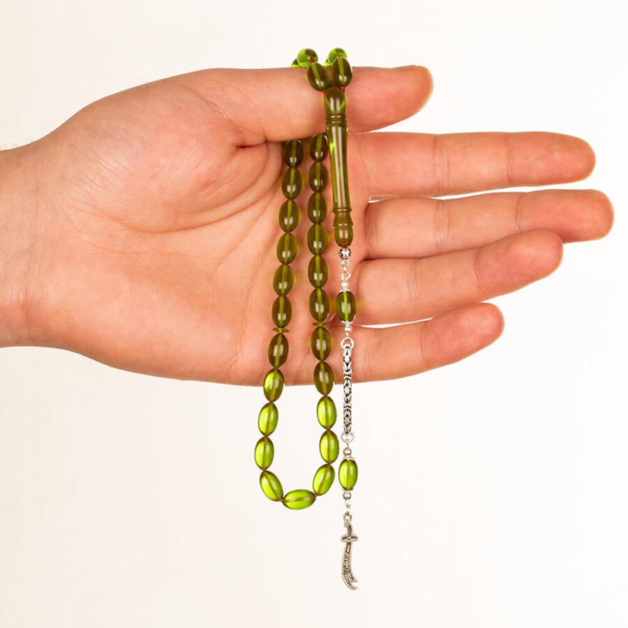 Rosary made of pressed amber with a tassel bearing the zulfiqar sword - 3