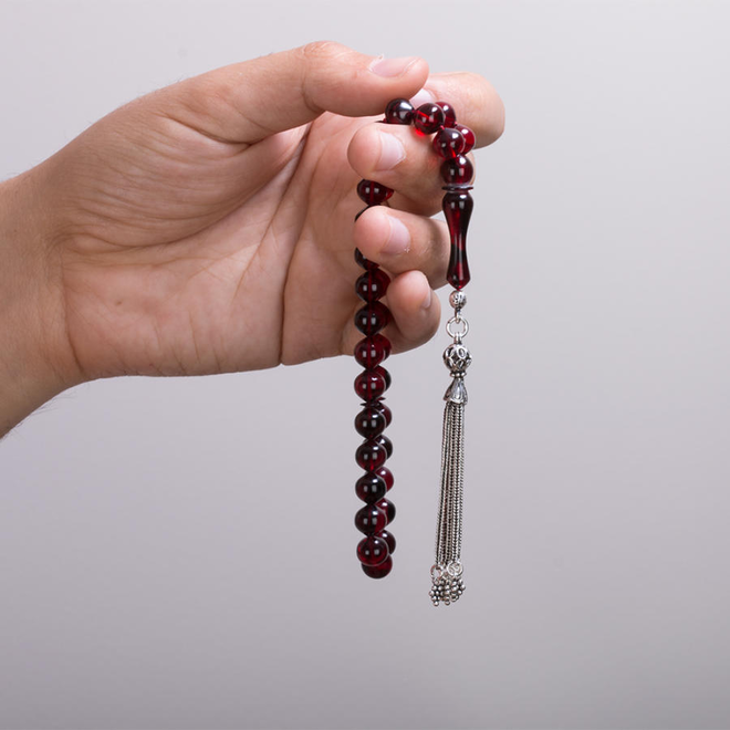 Rosary made of pressed amber with dark red beads - 1