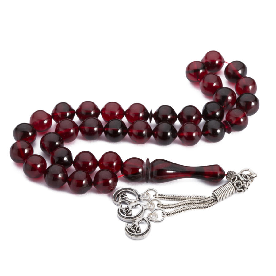 Rosary made of pressed amber with dark red beads - 2