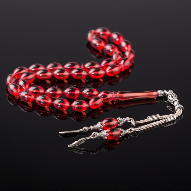 Rosary made of pressed amber with red beads - 1