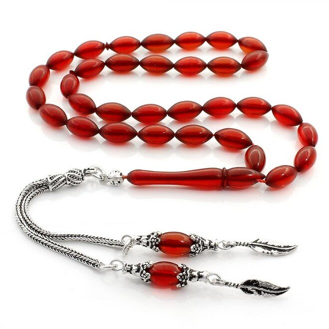 Rosary made of pressed amber with red beads - 2