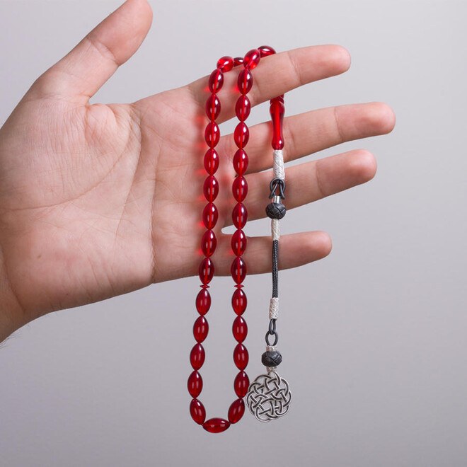 Rosary made of pressed amber with red colored beads - 1