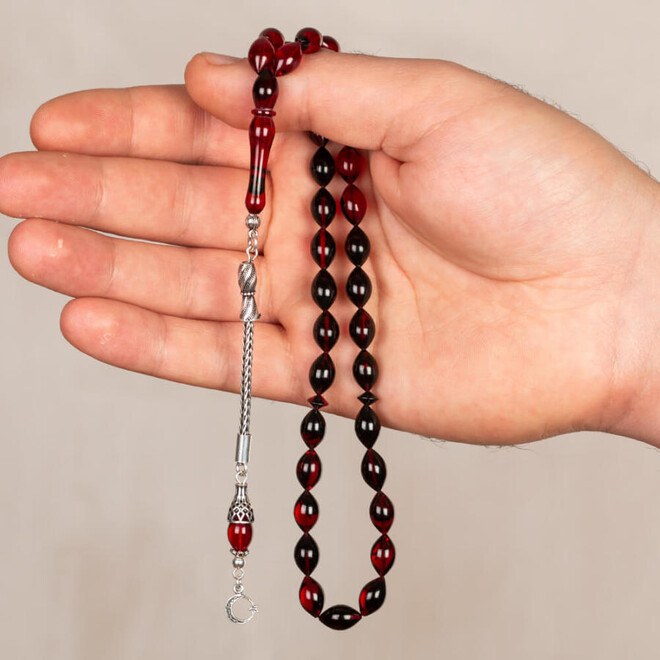 Rosary made of pressed amber with silver moon star decorated tassel - 3