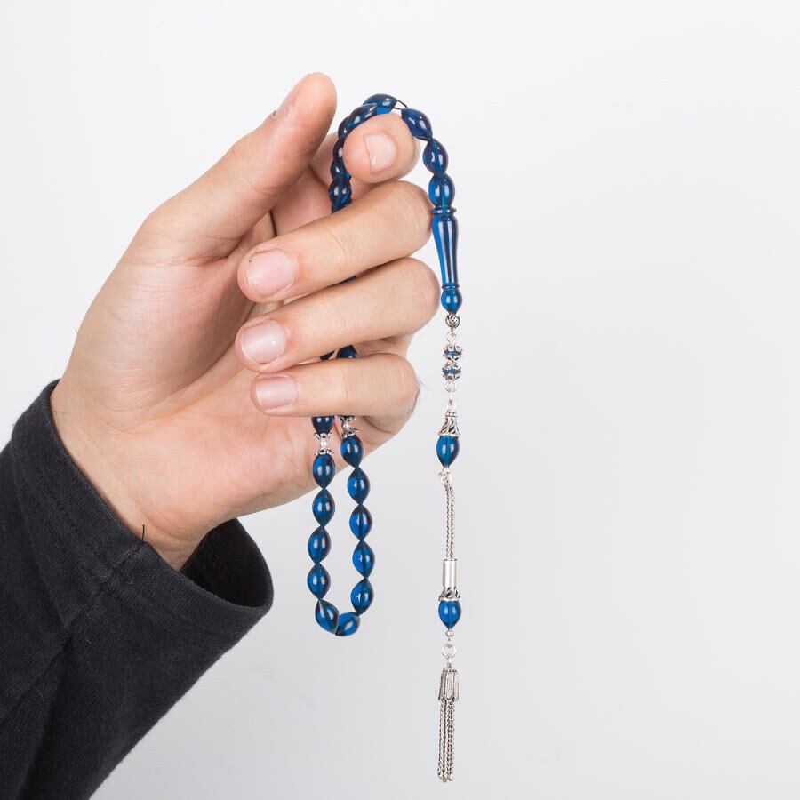 Rosary made of pressed amber with small blue beads - 2