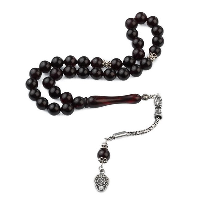 Rosary made of pressed amber with tassel decorated with a police symbol - 3