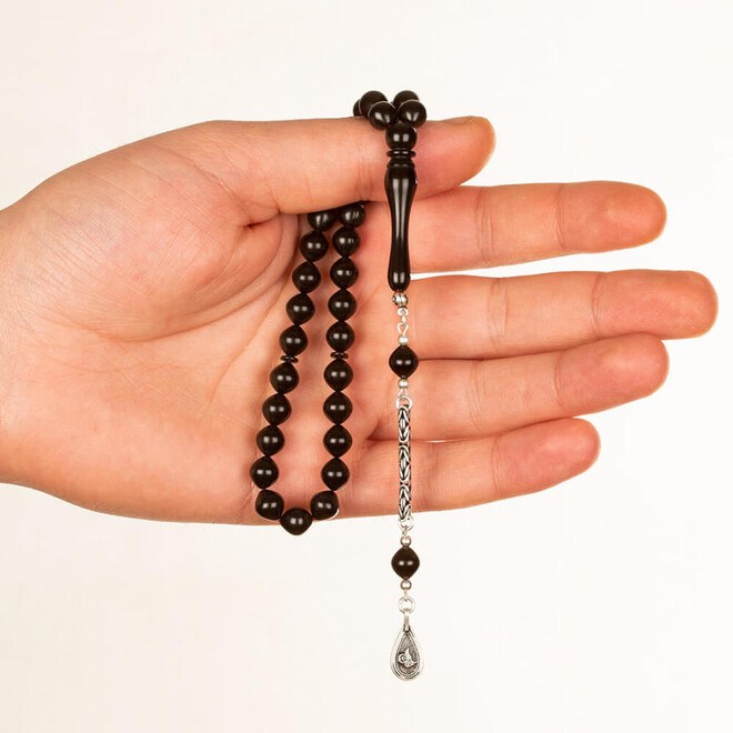 Rosary made of pressed amber with Tughra symbol decorated tassel - 3