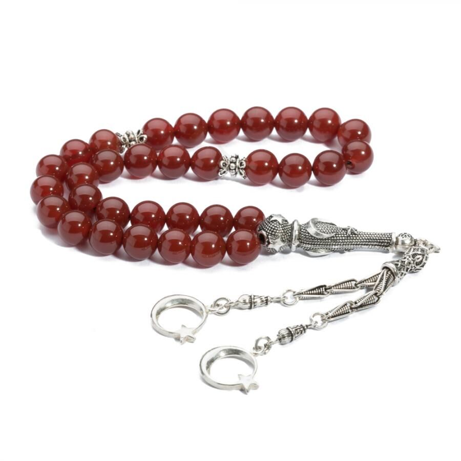 Rosary made of red agate stone with a silver Imame