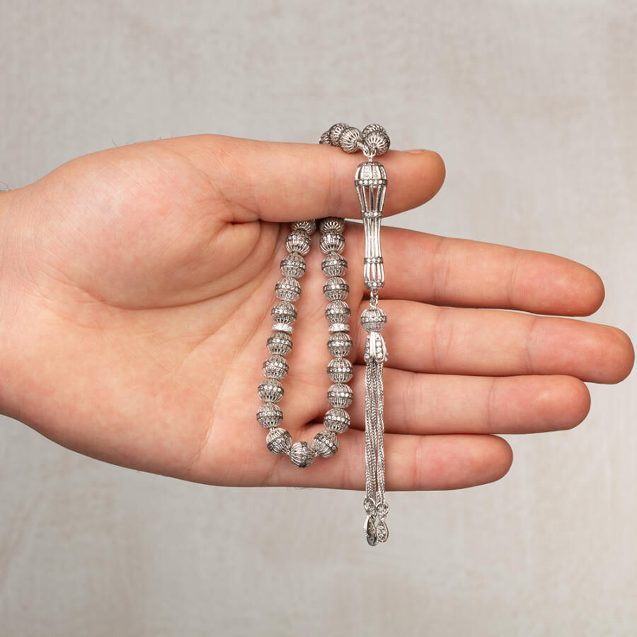 Rosary made of silver decorated with white zircon stone - 1