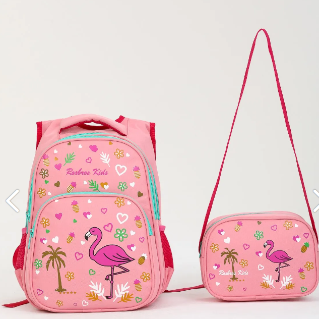 Roxbros Pink Flamingo Primary School Bag + Lunch Box for Girls - 1