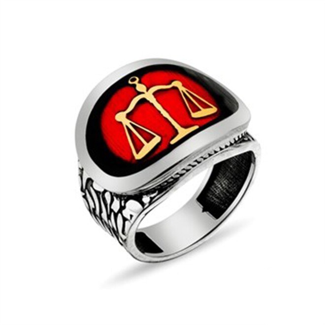 Scales of Justice Claret Red Sterling Silver Men's Ring - 1