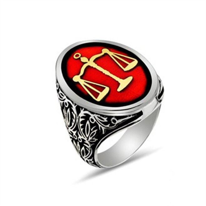 Scales of Justice Oval Claret Red Sterling Silver Men's Ring - 1