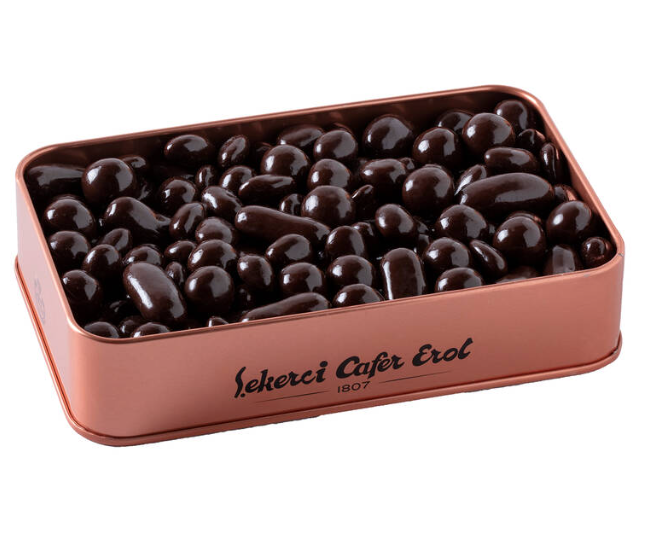 şekerci cafer Dark Chocolate Coated Dragees in a Bronze Tin Box - 1