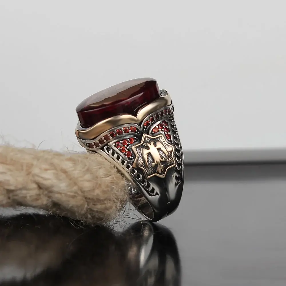 Tesbihevim Silver Men's Ring with Amber Stone and Monogram - 1