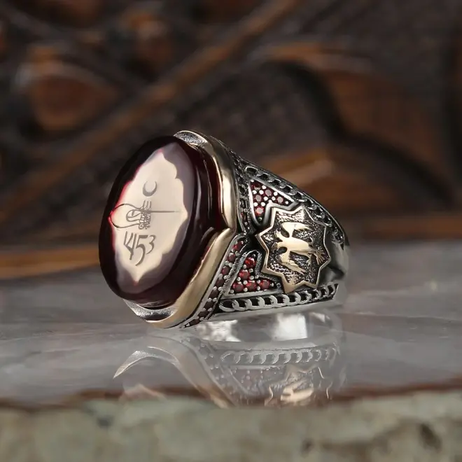 Tesbihevim Silver Men's Ring with Amber Stone and Monogram - 2