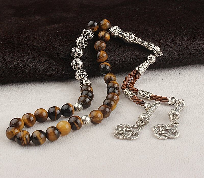 Tesbihevim Silver Name Written Tiger's Eye Rosary with Metal Tassels - 1