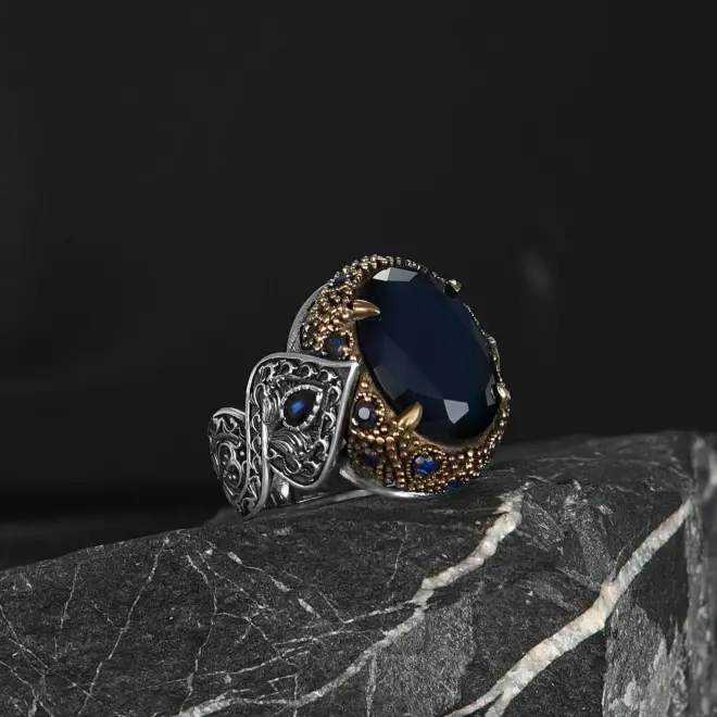 Tesbihevim Silver Ring with Parliament Blue Zircon Stone - 3