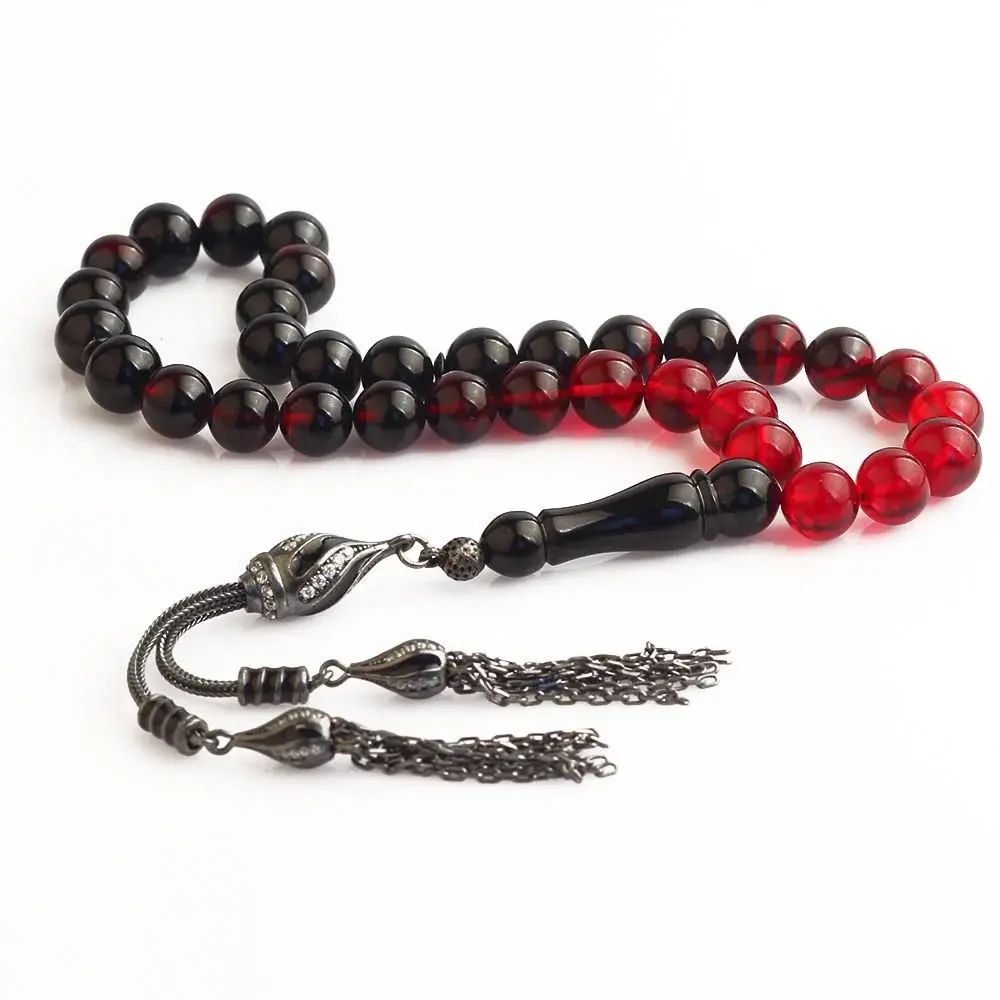 Tesbihevim Silver Tassel Amber Prayer Beads with Enamel and Sphere Cut - 1