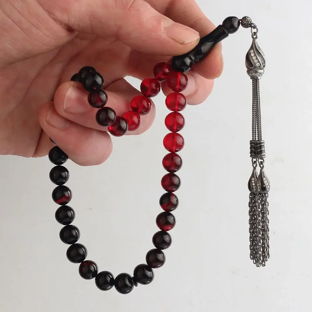 Tesbihevim Silver Tassel Amber Prayer Beads with Enamel and Sphere Cut - 2