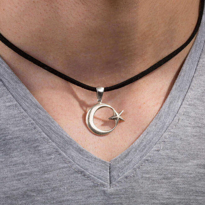 Simple Moon Star Sterling Silver Men's Necklace - 2