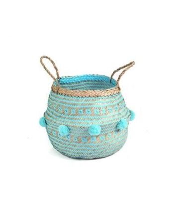 Small foldable natural straw basket in blue - 1