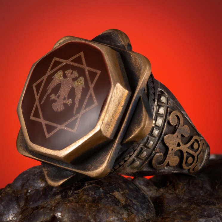 Men's Silver Ring with Exclusive Octagonal Design of Seljuk Eagle Ottoman, Detailed on Red Enamel Stone - 1