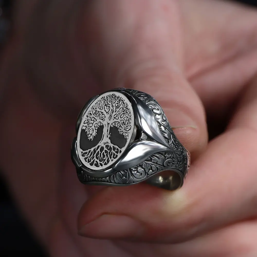 Tesbihevim Special Patterned Silver Ring with Tree of Life Symbol - 1