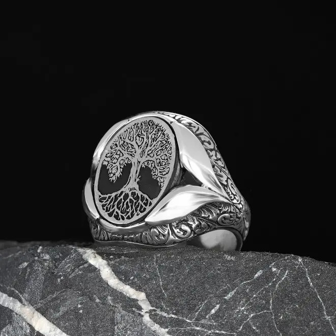 Tesbihevim Special Patterned Silver Ring with Tree of Life Symbol - 2