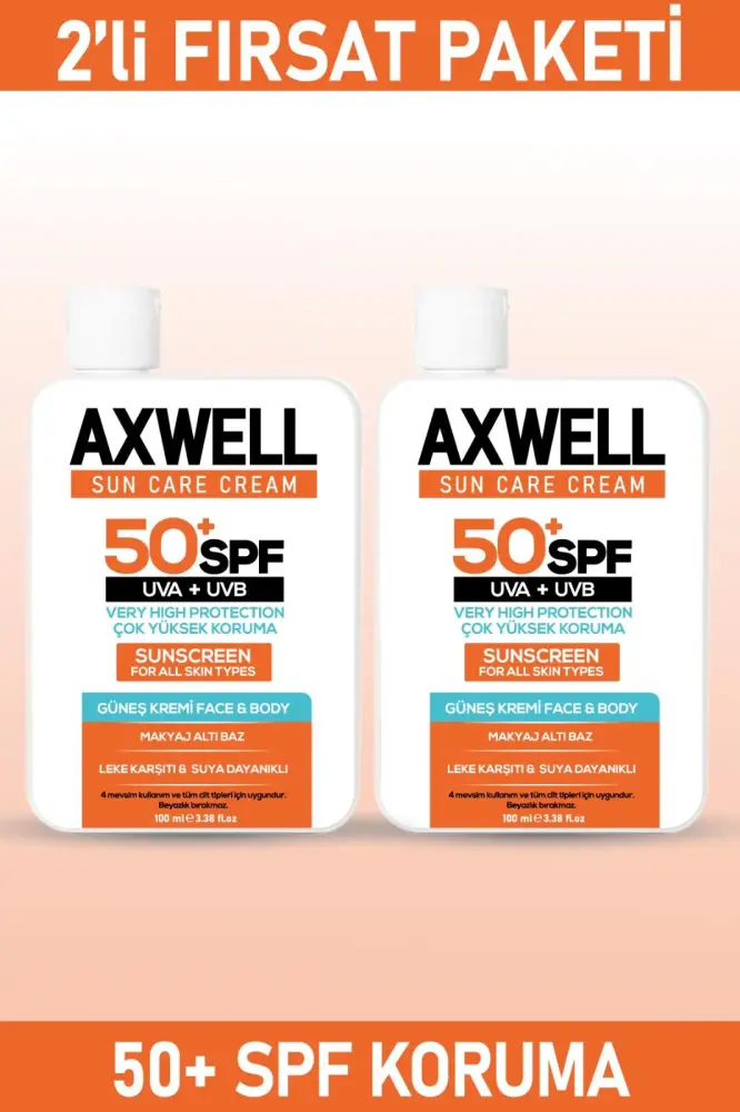 Axwell SPF 50+ 2li Fırsat Seti Leke Karşıtı Nemlendirici Yüksek Koruma Güneş Kremi 100 ML - 1