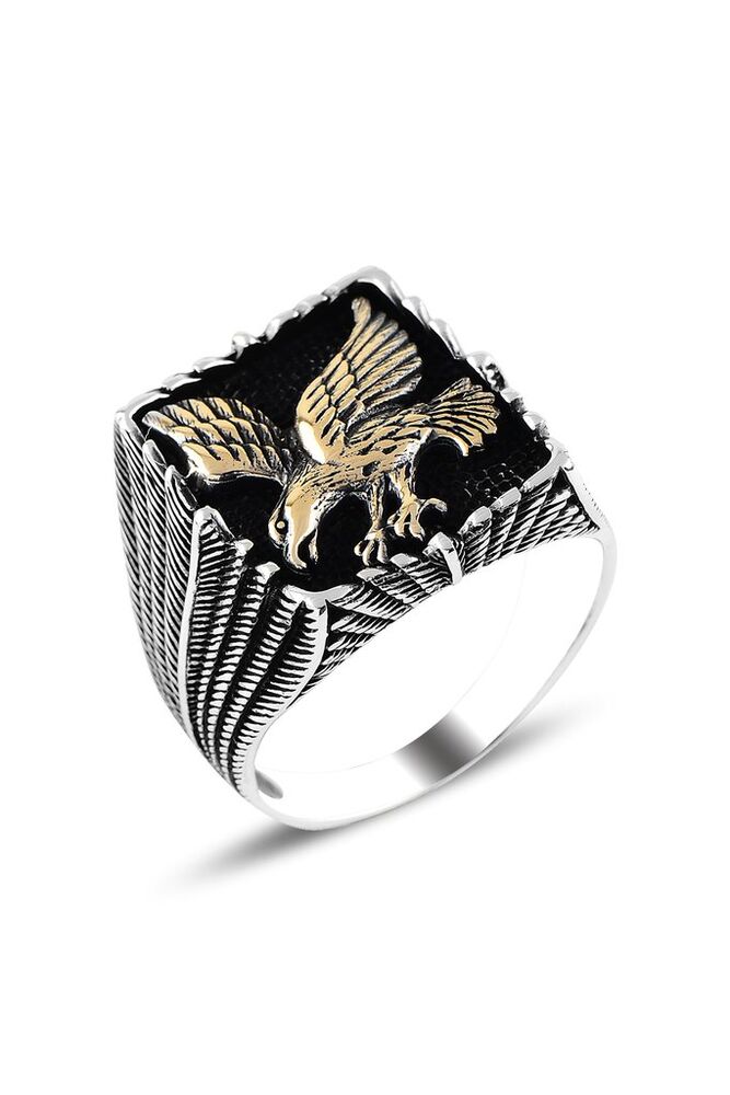 Square design mens silver ring with eagle symbol engraving - 1