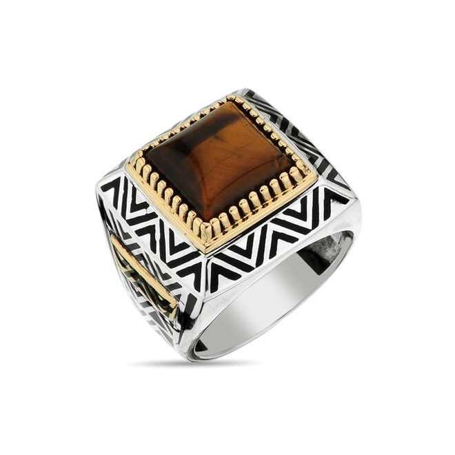 Square Hooded Tiger Eye Stone Sterling Silver Men's Ring - 1