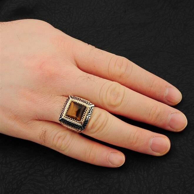 Square Hooded Tiger Eye Stone Sterling Silver Men's Ring - 2