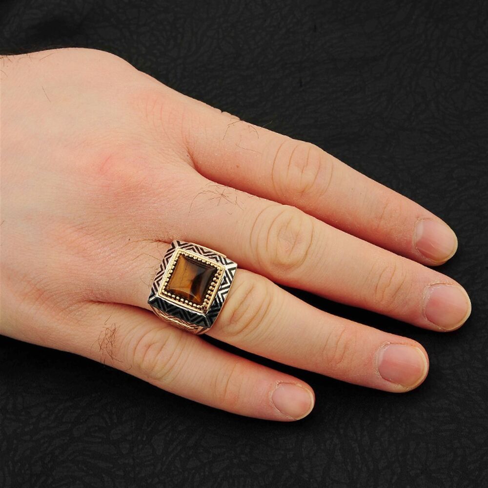 Square Hooded Tiger Eye Stone Sterling Silver Men's Ring - 2