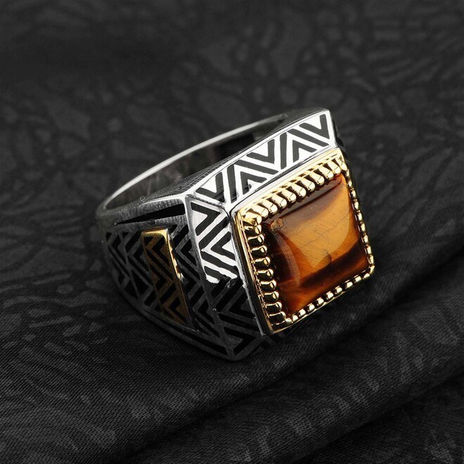 Square Hooded Tiger Eye Stone Sterling Silver Men's Ring - 4