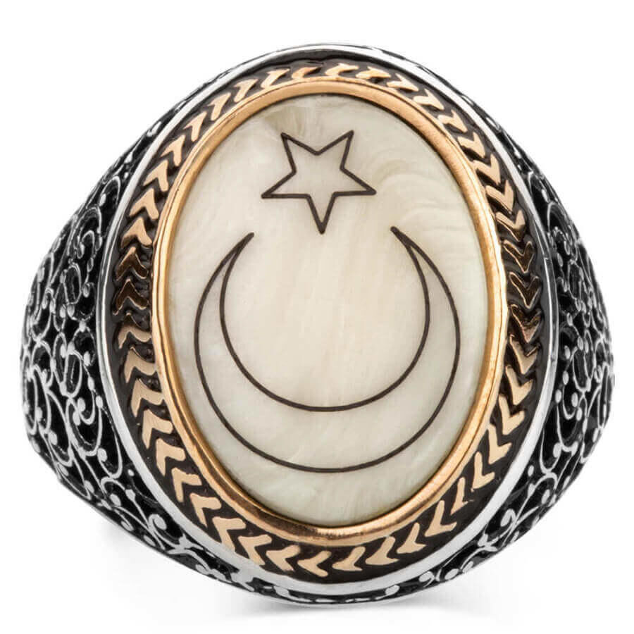 Star and Crescent 925 Sterling Silver Ring on Mother of Pearl - 3