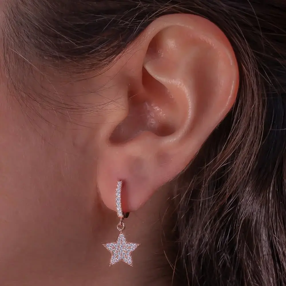 Takıhan Star Design Rose Plated Dangling 925 Sterling Silver Earrings - 1