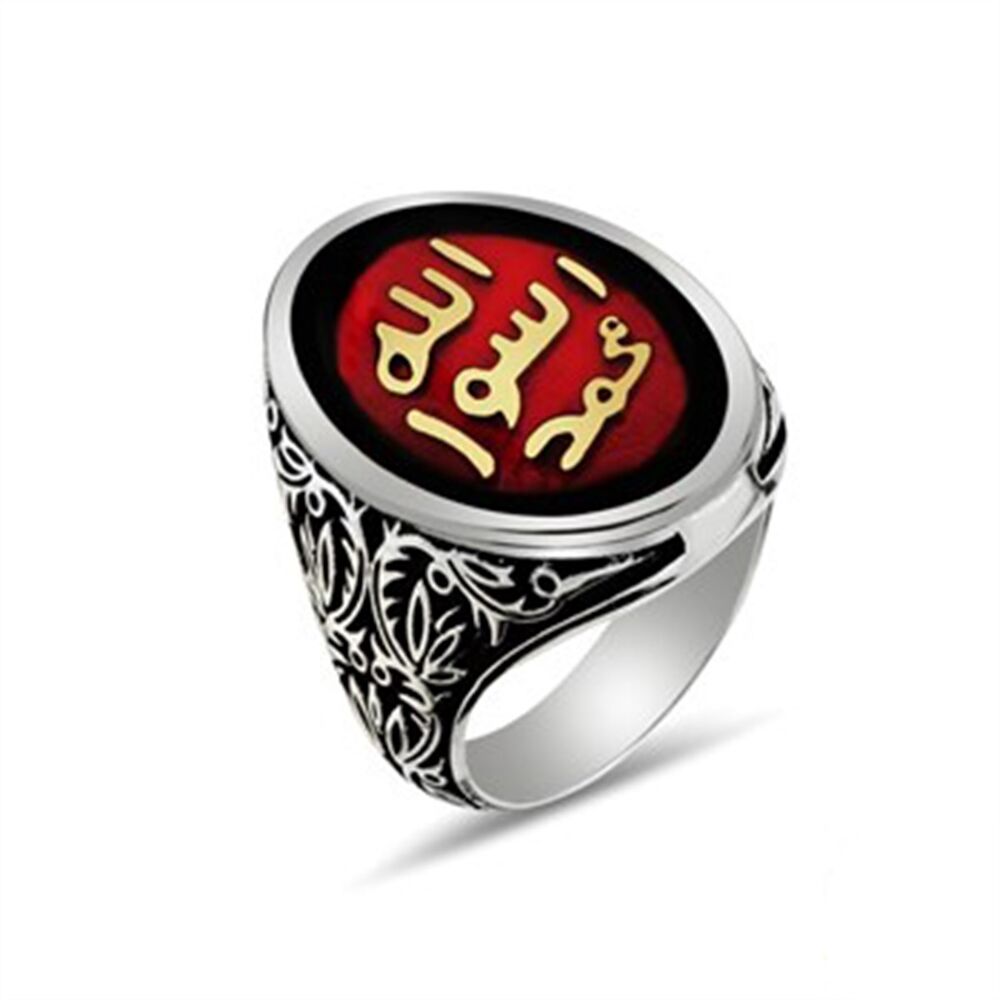 Sterling silver men's oval-shaped ring engraved with the Holy Seal with an enamel stone - 1